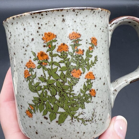VTG Takahashi Otagiri Orange Wildflower Stoneware Coffee Mug Brown Speckled - Picture 4 of 9